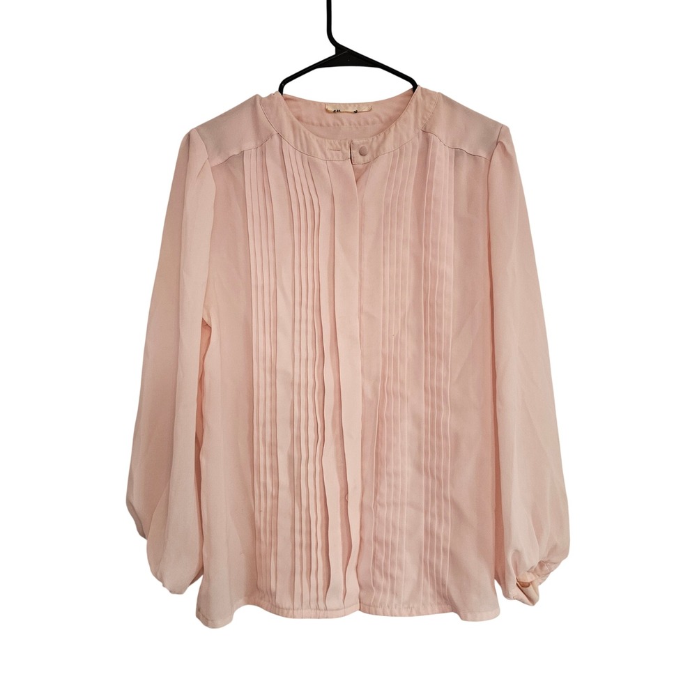 Lightweight Pleated Sheer Blouse Long Sleeve Button Front Pink